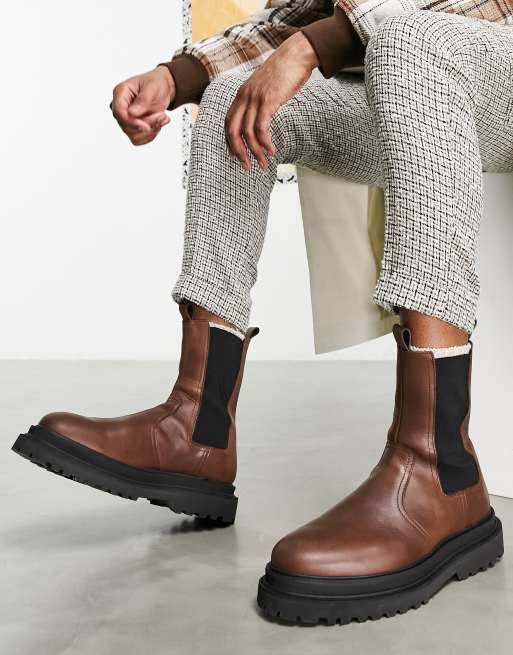 ASOS DESIGN – Brązowe skórzane sztyblety do połowy łydki na warstwowej podeszwie, 4 z 4