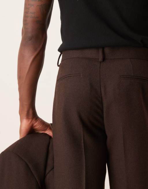 ASOS DESIGN – Brązowe spodnie garniturowe z prostymi nogawkami z domieszką wełny, 5 z 5