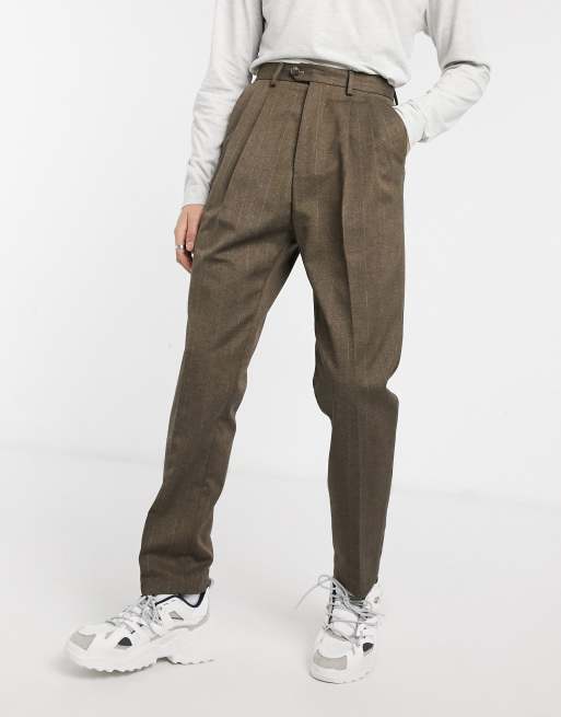 ASOS DESIGN – Brązowe spodnie w paski z szerokimi nogawkami i podwyższonym stanem