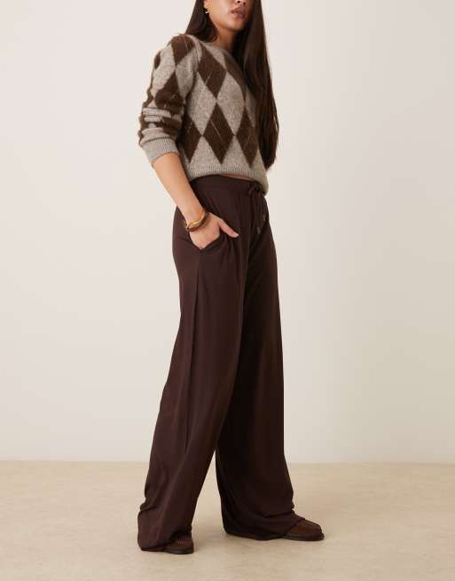 ASOS DESIGN – Brązowe spodnie z dzianiny interlock z szerokimi nogawkami, część zestawu