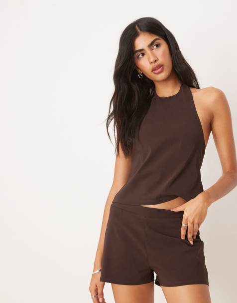 ASOS DESIGN co-ord bengaline hot pant shorts in brown