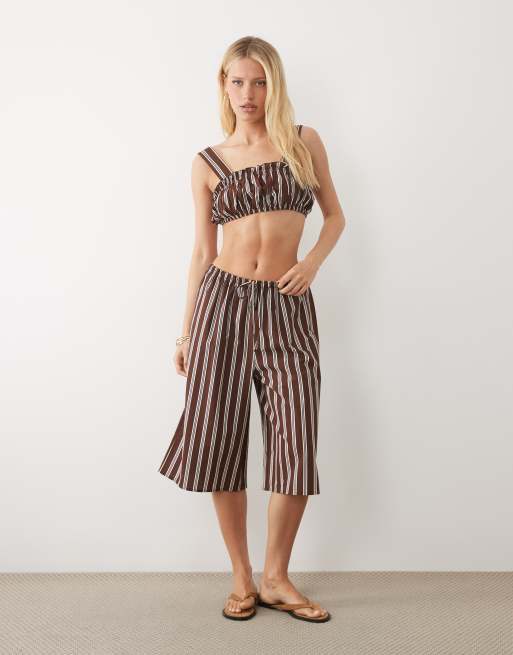 ASOS DESIGN – Brązowa marszczona braletka z mieszanki lnu w paski, część zestawu, 2 z 3