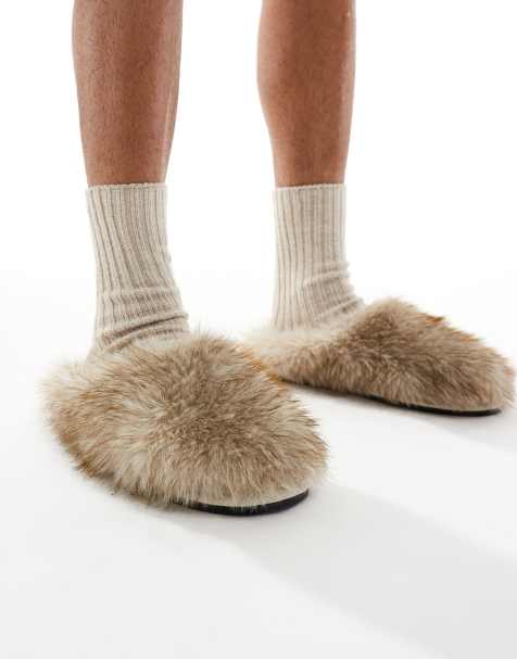 ASOS DESIGN – Brązowe wsuwane kapcie ze sztucznego futra - view 1