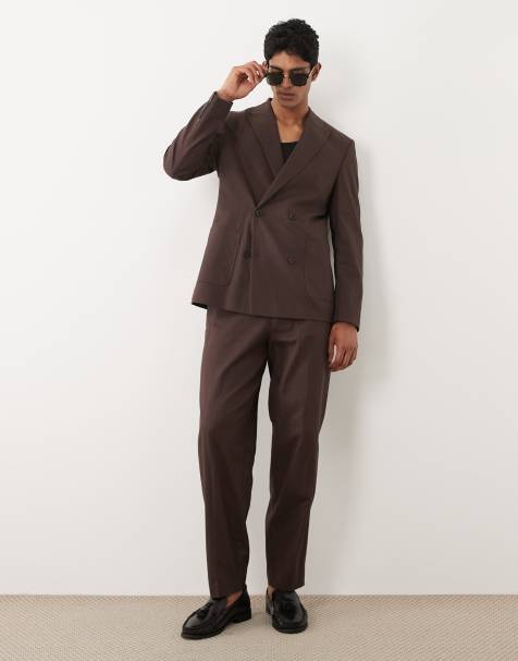 ASOS DESIGN – Brązowe zwężane spodnie garniturowe oversize z elastyczną talią z bawełny 100% o lnianym wyglądzie - view 1