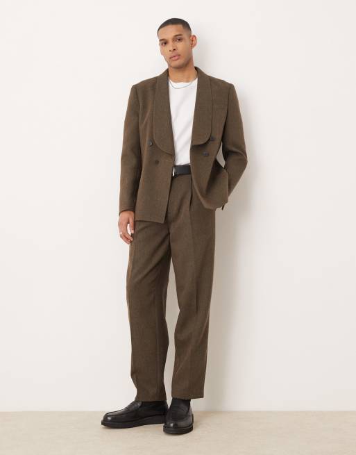 ASOS DESIGN – Brązowe zwężane spodnie garniturowe oversize z zakładkami z domieszką wełny we wzór w jodełkę