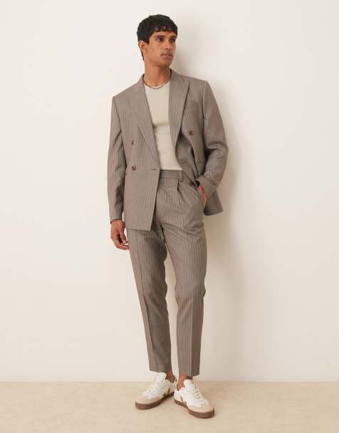 ASOS DESIGN – Brązowe zwężane spodnie garniturowe z diagonalu w prążki - view 1