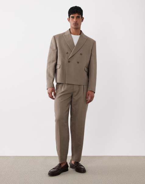 ASOS DESIGN – Brązowe zwężane spodnie garniturowe z dużą zawartością lnu - view 1