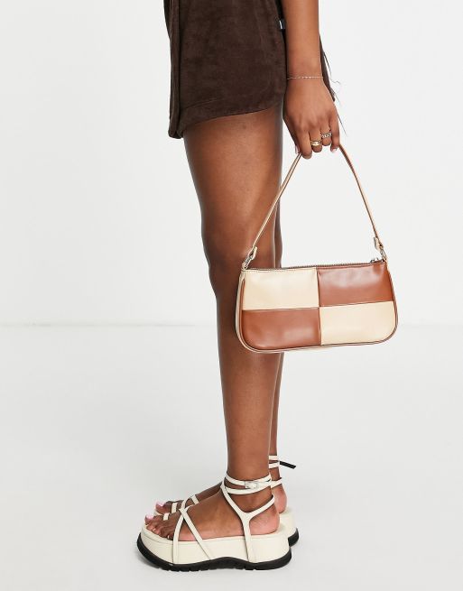 ASOS DESIGN – Brązowo-beżowa wąska patchworkowa torebka na ramię w stylu lat 90. 