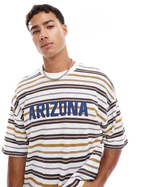ASOS DESIGN boxy oversized striped t-shirt with chest applique in white and brown