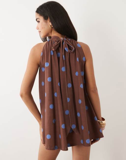 ASOS DESIGN – Brązowo-niebieska sukienka mini w groszki z kokardką, 4 z 4