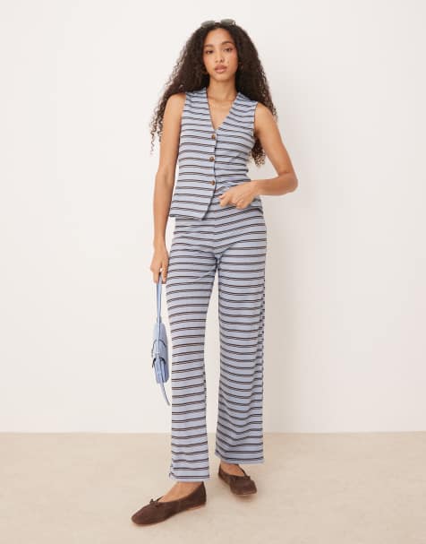 ASOS DESIGN wide leg trouser co-ord in brown and blue stripe