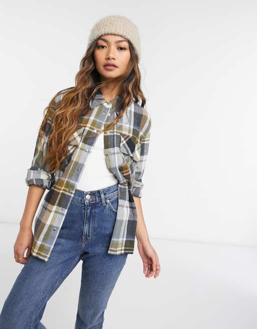 ASOS DESIGN – Brązowo-szara kurtka koszulowa z zatrzaskami i wzorem w kratę