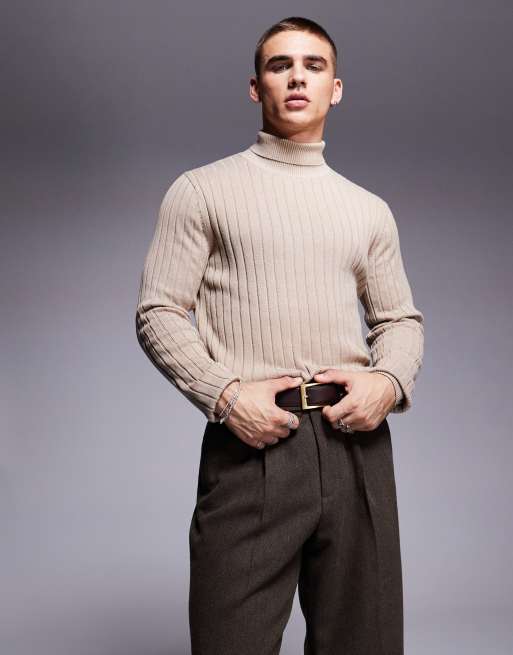 ASOS DESIGN – Brązowo-szary sweter z prążkowanej dzianiny o kroju podkreślającym sylwetkę z odwijanym golfem
