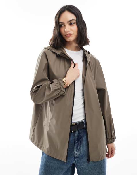 ASOS DESIGN mid length rubberised rain jacket in mushroom