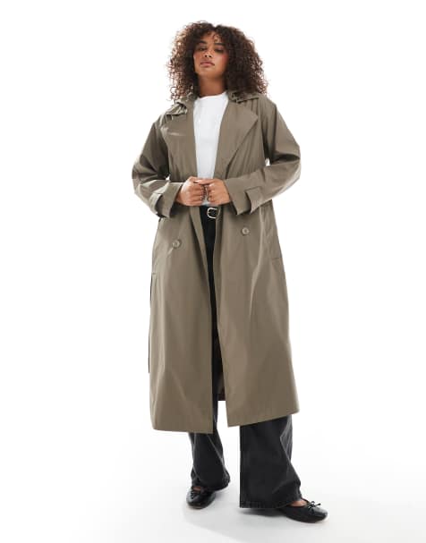 ASOS DESIGN – Brązowoszary gumowany trencz przeciwdeszczowy z kapturem i paskiem - view 1