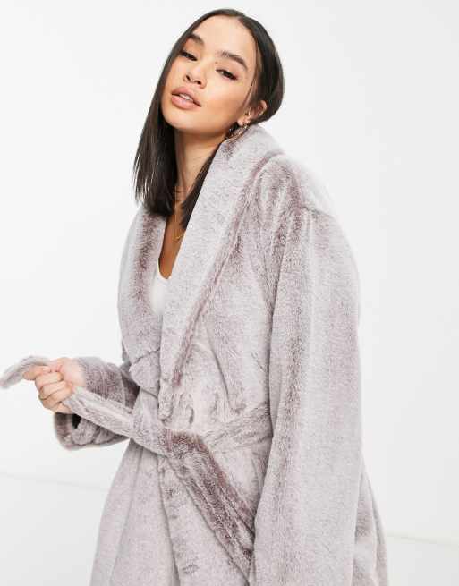 ASOS DESIGN – Brązowoszary szlafrok premium z imitacji futra, 3 z 4