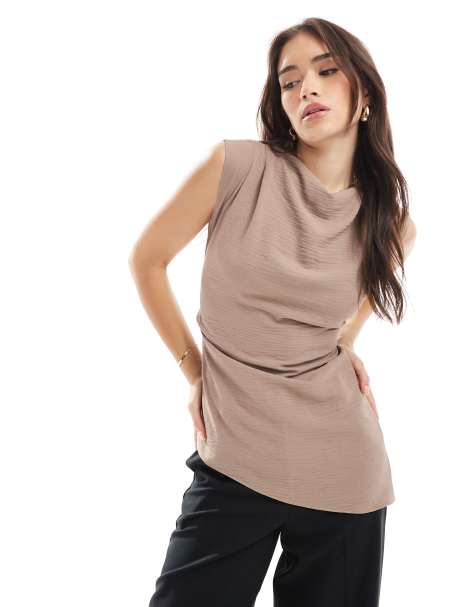ASOS DESIGN drape cowl neck top with open tie back detail in mushroom