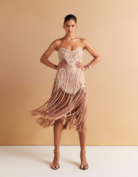 ASOS DESIGN embellished bandeau mini dress with fringing hem in golden bronze