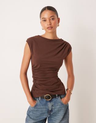 ASOS DESIGN – Brązowy bawełniany top bez rękawów z marszczeniami