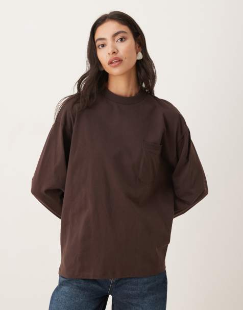 ASOS DESIGN cotton oversized long sleeve co ord top in brown