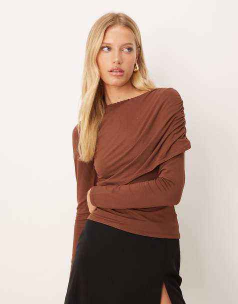 ASOS DESIGN draped long sleeve top in brown