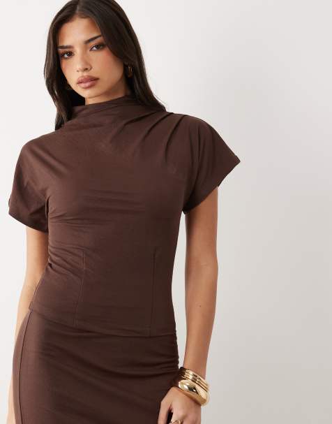 ASOS DESIGN – Brązowy drapowany top z zabudowanym dekoltem o lnianym wyglądzie, część zestawu - view 1