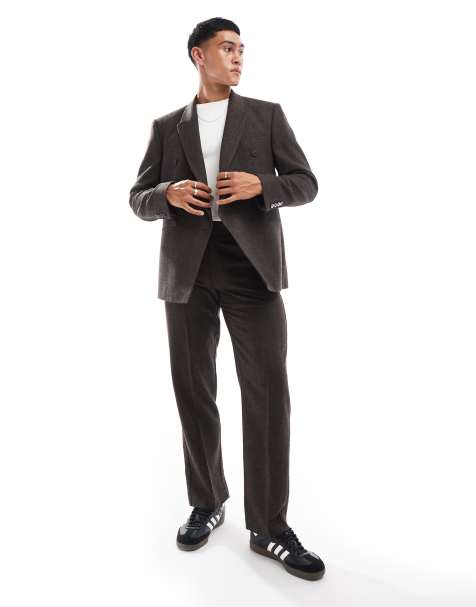 ASOS DESIGN – Brązowy dwurzędowy garnitur z domieszką wełny we wzór w jodełkę - view 1