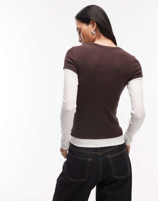 ASOS DESIGN – Brązowy dwuwarstwowy top z zabudowanym dekoltem w szpic, 4 z 4