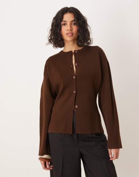 ASOS DESIGN knitted structured crew neck cardigan in chocolate