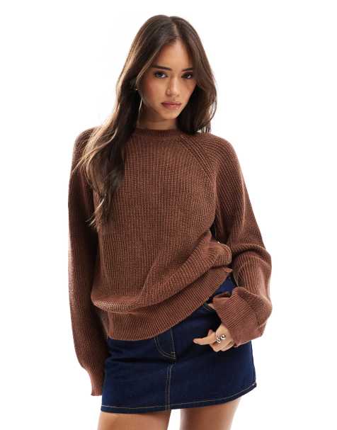 ASOS DESIGN laundered raglan crew neck knitted jumper in brown