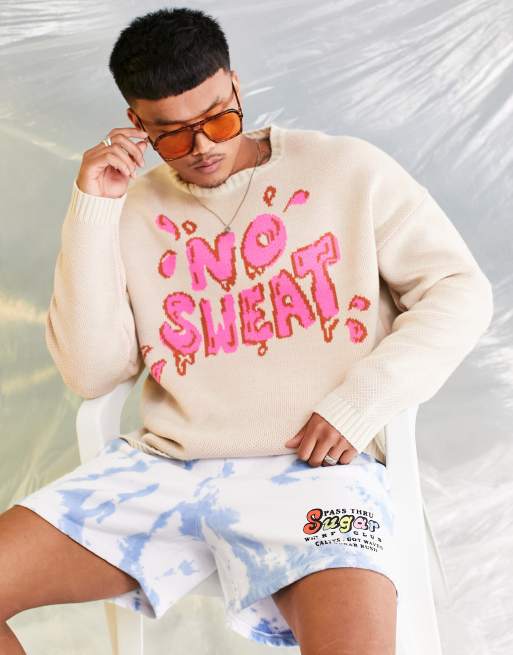 ASOS DESIGN – Brązowy dzianinowy sweter z nadrukiem „No Sweat”