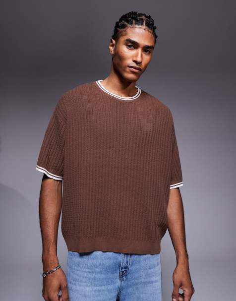 ASOS DESIGN oversized knitted t-shirt in brown with cream tipping