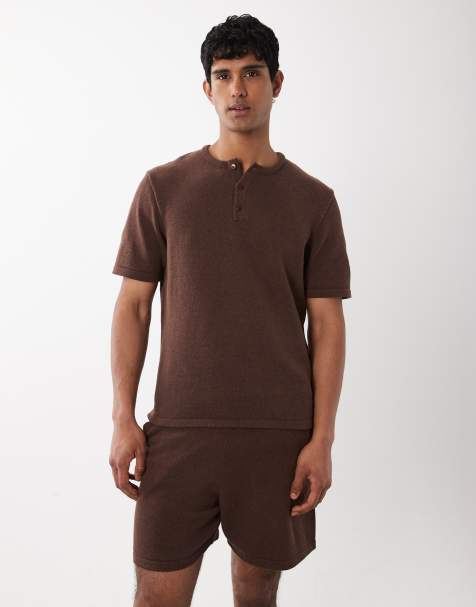 ASOS DESIGN – Brązowy dzianinowy T-shirt z dekoltem henley, część zestawu - view 1