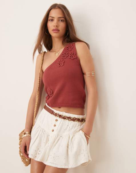 ASOS DESIGN knitted on shoulder top with flower applique detail in brown