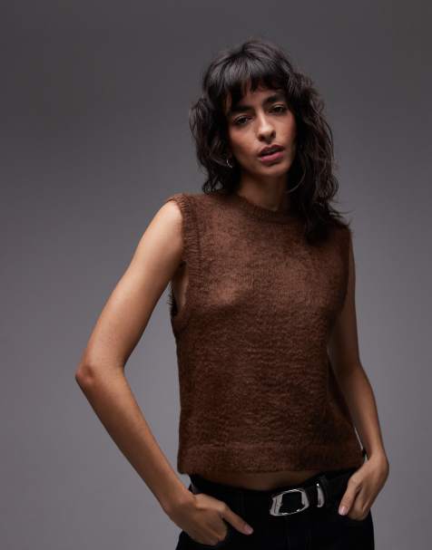 ASOS DESIGN – Brązowy dzianinowy top pudełkowy bez rękawów - view 1