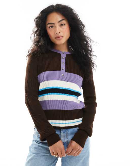 ASOS DESIGN – Brązowy dzianinowy top z dekoltem henley w paski