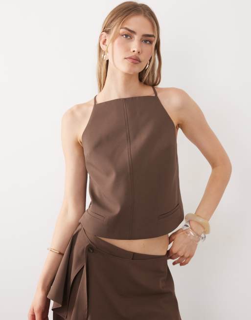 ASOS DESIGN – Brązowy elegancki top z wiązaniem z tyłu, część zestawu, 3 z 3