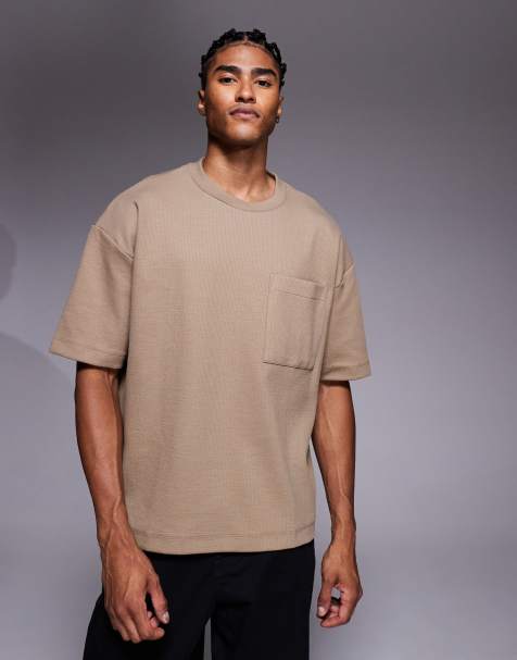ASOS DESIGN premium oversized boxy textured contrast t-shirt with pocket in brown