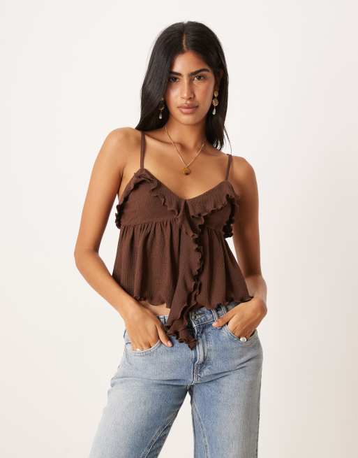 ASOS DESIGN – Brązowy fakturowany top na ramiączkach z falbankami w stylu babydoll