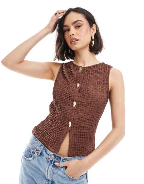 ASOS DESIGN textured button through top with gold hardware buttons in brown