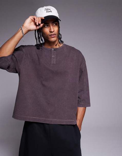ASOS DESIGN heavyweight oversized washed henley t-shirt in brown