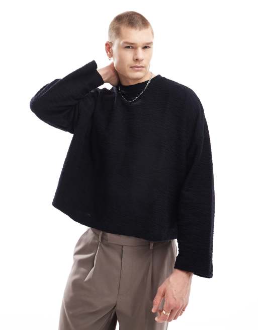 ASOS DESIGN – Brązowy gruby T-shirt o krótkim fasonie oversize z długimi rękawami z fakturowanego materiału