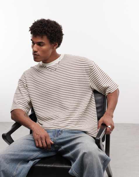 ASOS DESIGN – Brązowy gruby T-shirt o pudełkowym kroju oversize z fakturowanego materiału w paski - view 1