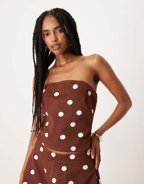 ASOS DESIGN bandeau denim top in brown polka dot