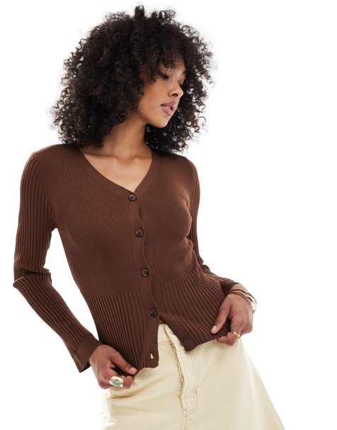 ASOS DESIGN cinched waist cardigan with ribbed sleeve in brown