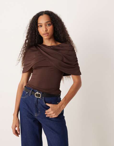 ASOS DESIGN wrap over slash neck cape top in brown