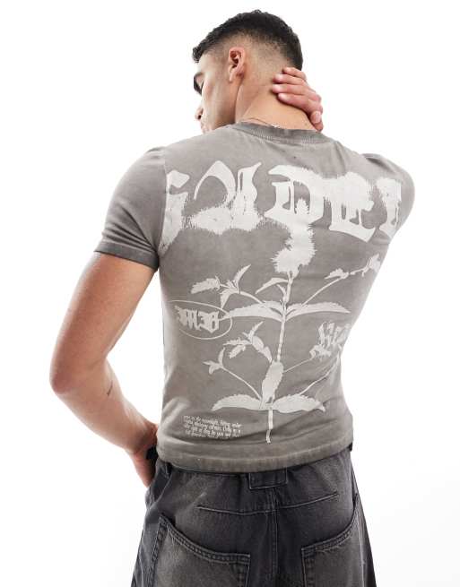 ASOS DESIGN – Brązowy krótki T-shirt o kroju podkreślającym sylwetkę ze spranym nadrukiem kwiatowym z tyłu
