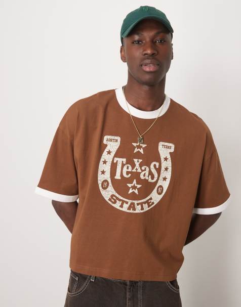 ASOS DESIGN – Brązowy krótki T-shirt oversize z lamówką i grafiką z motywem kowbojskim - view 1