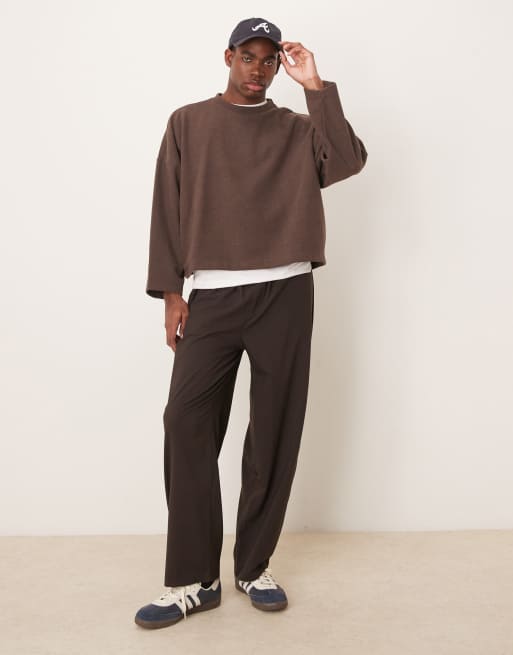 ASOS DESIGN – Brązowy krótki T-shirt super oversize z dekoltem henley i długimi rękawami z grubego, szczotkowanego i prążkowanego materiału