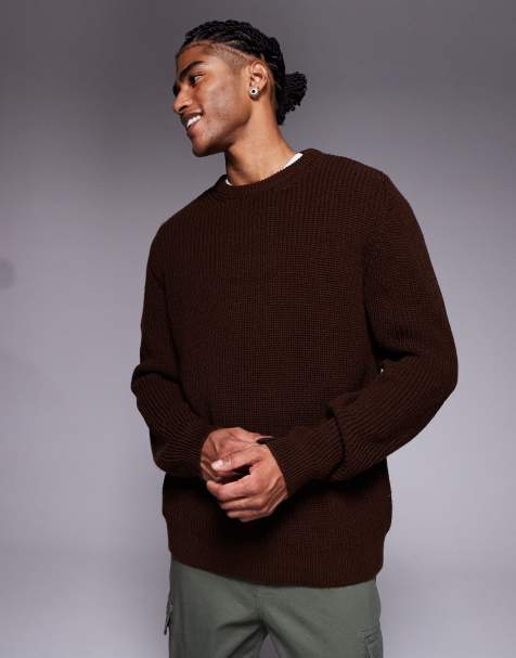 ASOS DESIGN relaxed knitted fisherman rib jumper in brown